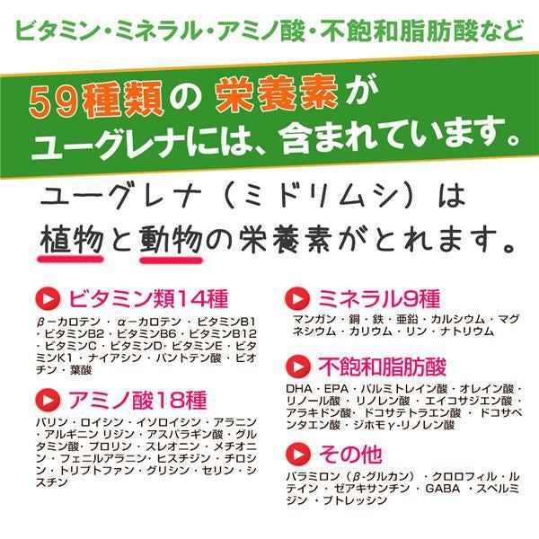 石垣島ユーグレナには、59種類の栄養素が含まれています。（ビタミン14種、ミネラル9種、アミノ酸18種、不飽和脂肪酸など）